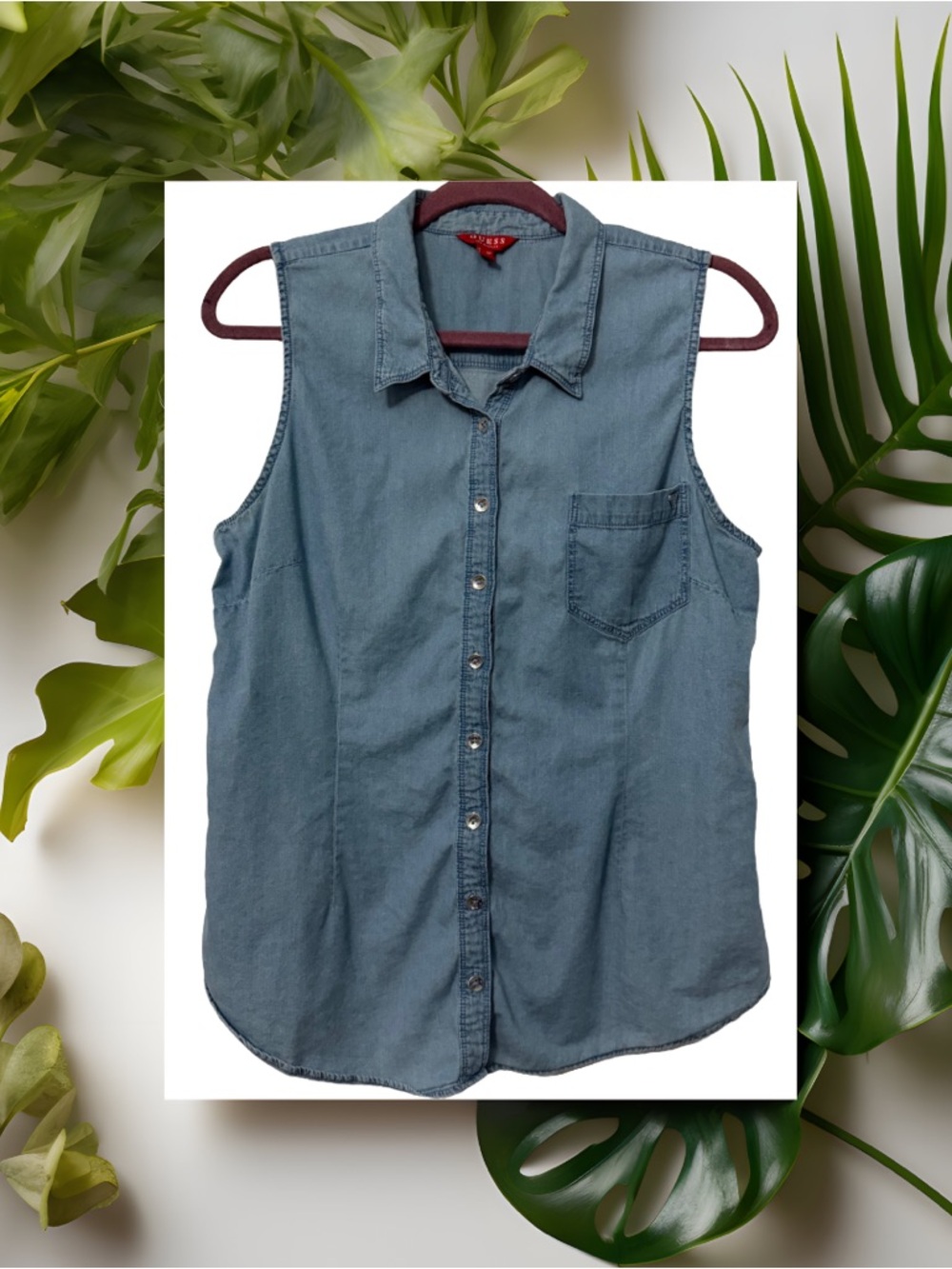 Guess Sleeveless Button-Down Shirt in Denim Blue